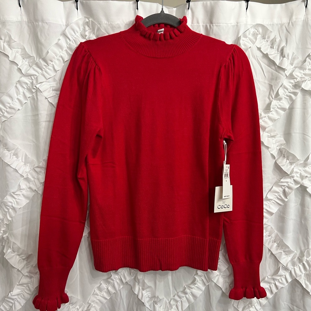 CeCe Ruffled Mock neck Knit Sweater Super Soft in Red NWT